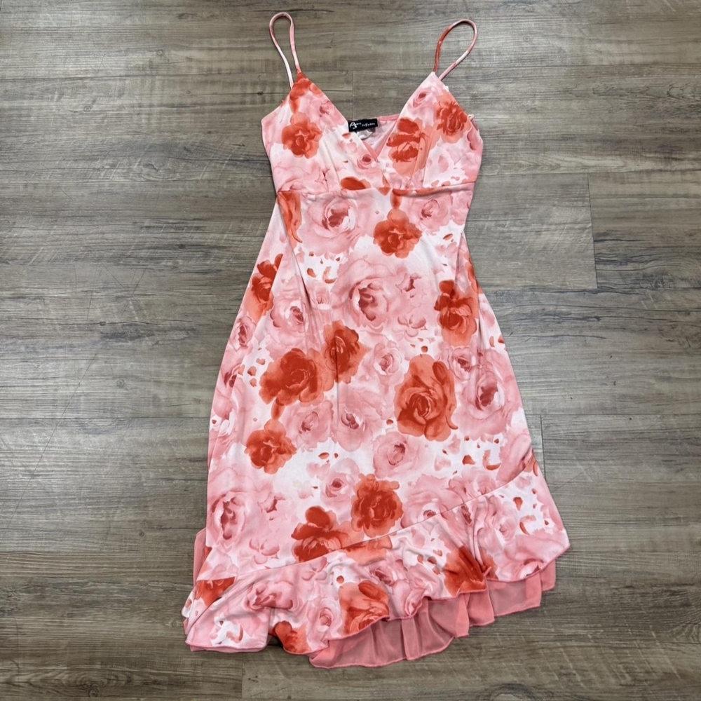 Gianni Bini Pink & Coral Floral Slip Dress with Ruffle Hem